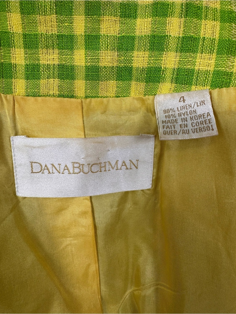 Vintage 90’s Dana Buchman Linen Lime Green + Yellow Gingham Blazer Jacket, 4 - Picture 11 of 13